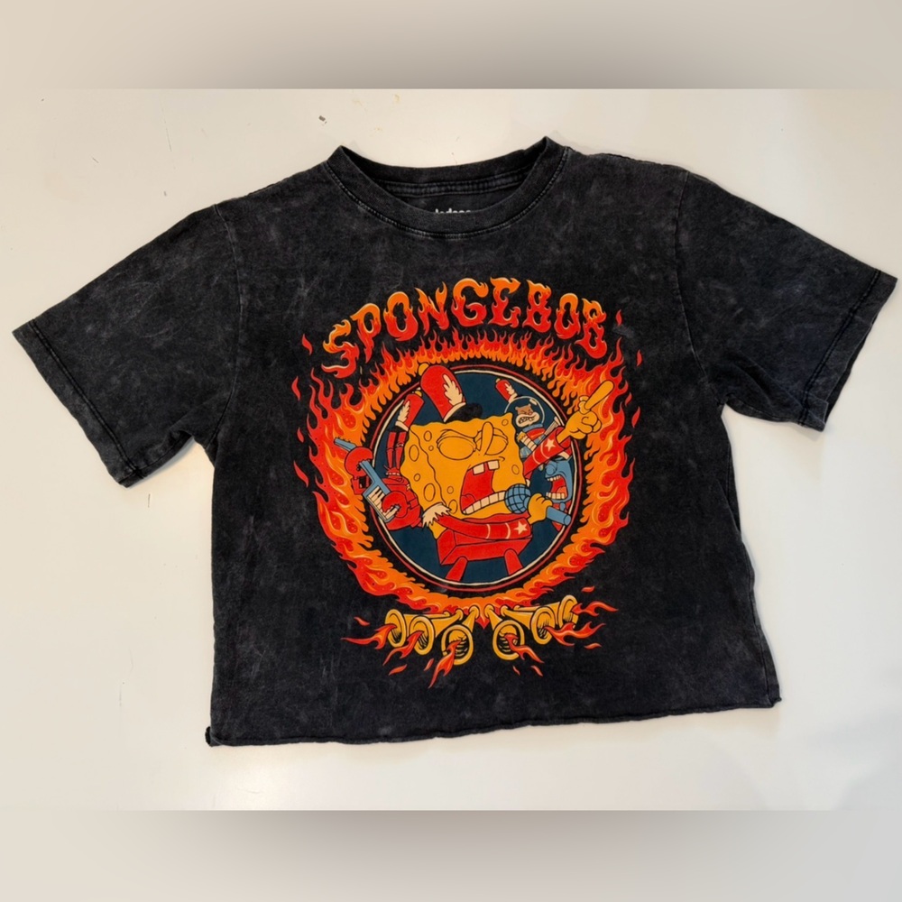 Nickelodeon SpongeBob Graphic Tee XS | Vintage Wash Flame Print T-Shirt